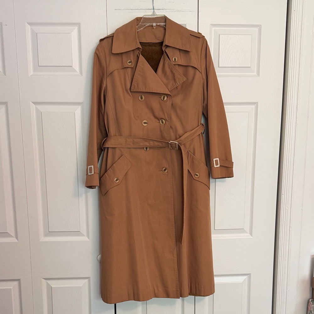 Vintage Sears Tan Long Belted Double Breasted Faux Fur Lined Trench Coat Sz S/M
